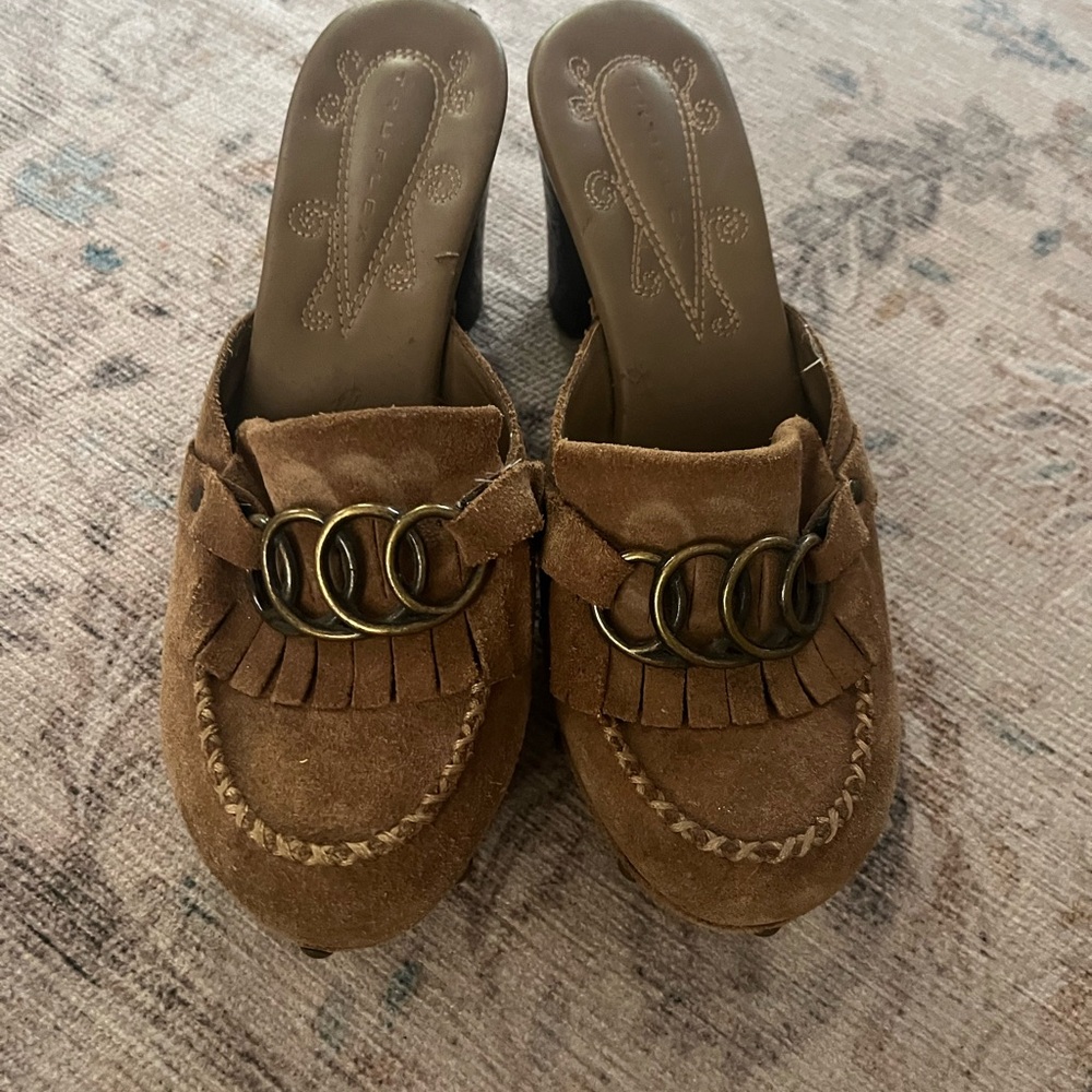 Truflex retro Mule Clogs Slides 6 Brown Suede Leather Kiltie 3.5" Block Heels